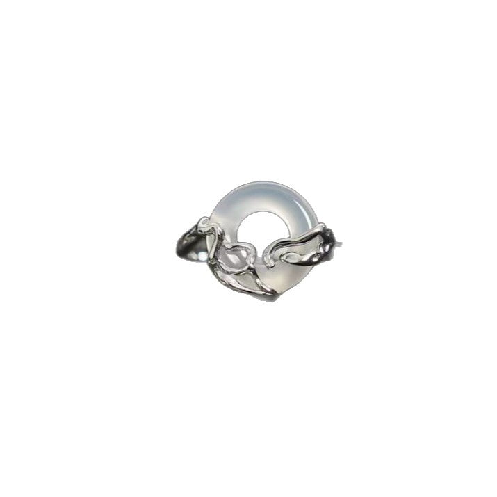 Silver Plated Wing Wrap White Chalcedony Donut Ring, Natural Peace Stone Open Adjustable Ring Vintage Jewelry