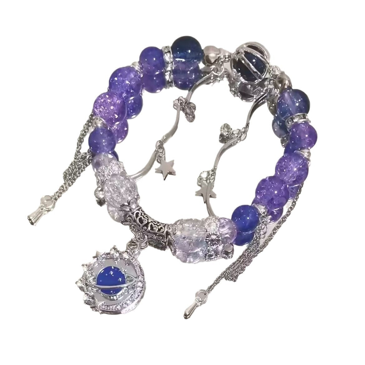 Purple Crackle Glass Bead Galaxy Planet Charm Bracelet, Silver Star Tassel Adjustable Wrap Bracelet Y2K Jewelry