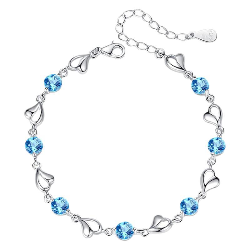 Silver Plated Heart Link Sky Blue Crystal Bracelet, Dainty Round Gemstone Extension Chain Bracelet For Ladies