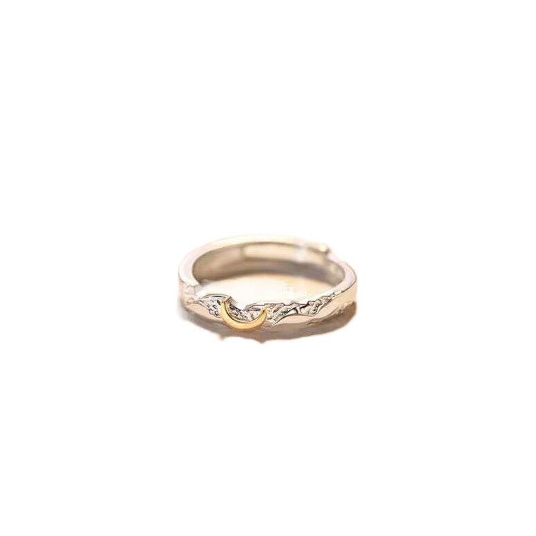 Two Tone Silver Gold Crescent Moon Textured Open Ring, Irregular Twisted Band Stackable Promise Ring For Women