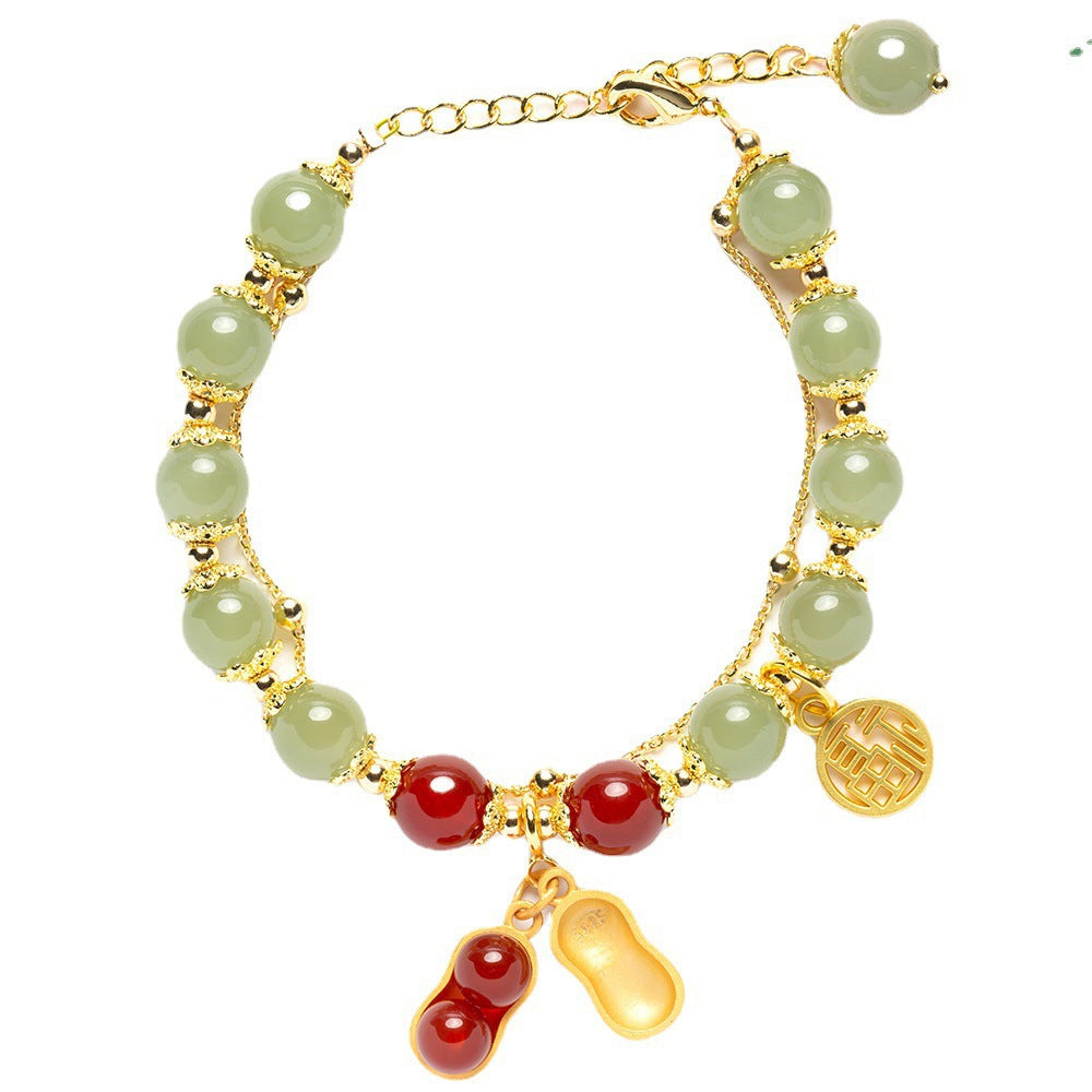 Natural Green Jade Red Agate Chinese Lucky Bracelet, Gold Plated Peanut Double Happiness Charm Traditional Jewelry