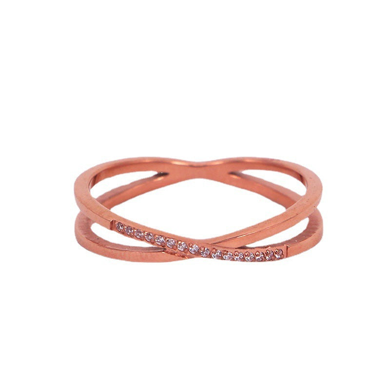 Rose Gold Plated Crisscross Pave CZ Ring, Double Band Intertwined Stackable Promise Ring for Ladies